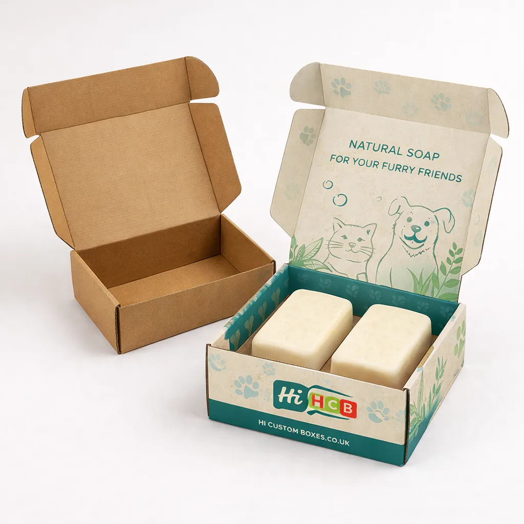 Two open corrugated mailer boxes, one plain white and one featuring vibrant pet-themed illustrations. class=